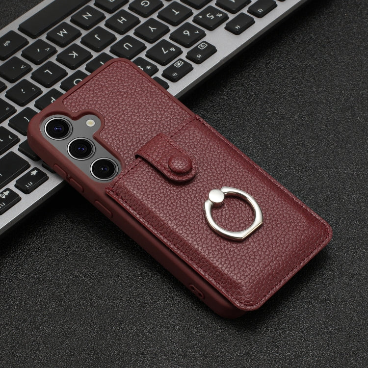For Samsung Galaxy S25+ 5G Litchi Texture Drawing Card Bag Ring Holder Phone Case(Wine Red) - Galaxy S25+ 5G Cases by PMC Jewellery | Online Shopping South Africa | PMC Jewellery | Buy Now Pay Later Mobicred
