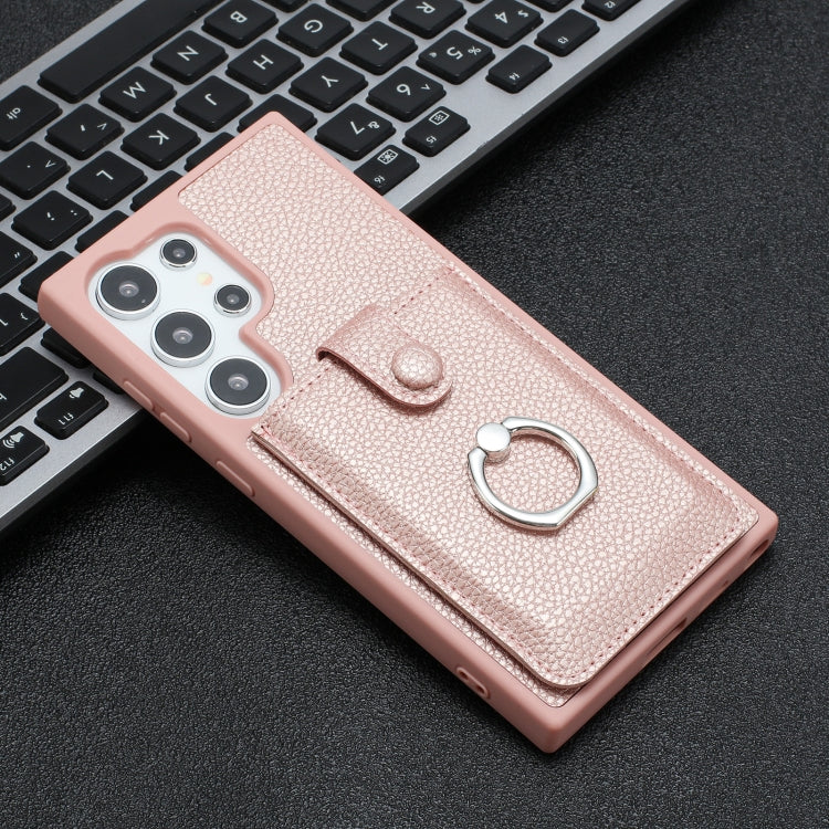 For Samsung Galaxy S25 Ultra 5G Litchi Texture Drawing Card Bag Ring Holder Phone Case(Rose Gold) - Galaxy S25 Ultra 5G Cases by PMC Jewellery | Online Shopping South Africa | PMC Jewellery | Buy Now Pay Later Mobicred