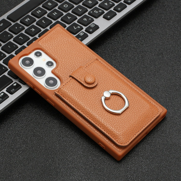 For Samsung Galaxy S25 Ultra 5G Litchi Texture Drawing Card Bag Ring Holder Phone Case(Brown) - Galaxy S25 Ultra 5G Cases by PMC Jewellery | Online Shopping South Africa | PMC Jewellery | Buy Now Pay Later Mobicred