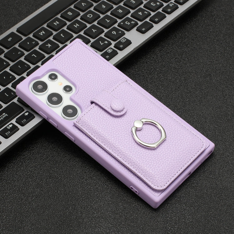 For Samsung Galaxy S25 Ultra 5G Litchi Texture Drawing Card Bag Ring Holder Phone Case(Purple) - Galaxy S25 Ultra 5G Cases by PMC Jewellery | Online Shopping South Africa | PMC Jewellery | Buy Now Pay Later Mobicred
