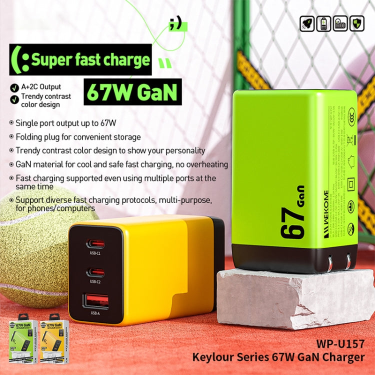 WK WP-U157 67W USB-C / Type-Cx2, USB GaN Fast Charger, Plug Type:EU Plug(Yellow) - free shipping - PMC TechLife - Order now!