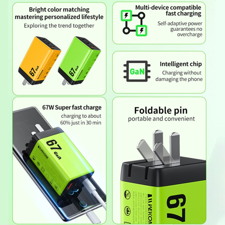 WK WP-U157 67W USB-C / Type-Cx2, USB GaN Fast Charger, Plug Type:EU Plug(Yellow) - free shipping - PMC TechLife - Order now!