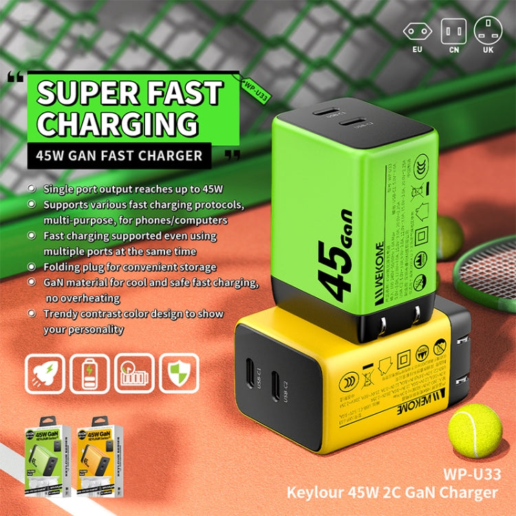 WK WP-U33 45W USB-C / Type-Cx2 GaN Fast Charger, Plug Type:EU Plug(Yellow) - free shipping - PMC TechLife - Order now!