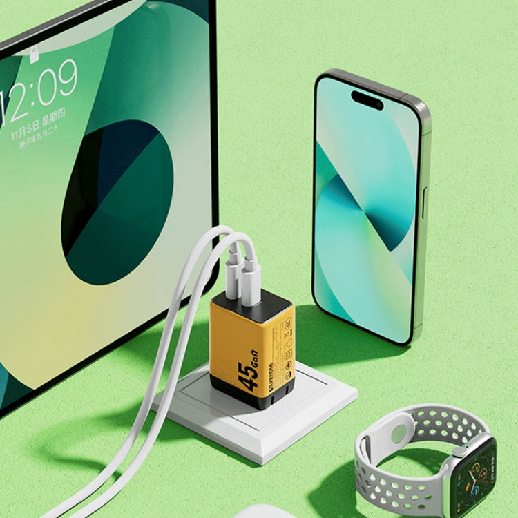 WK WP-U33 45W USB-C / Type-Cx2 GaN Fast Charger, Plug Type:EU Plug(Yellow) - free shipping - PMC TechLife - Order now!