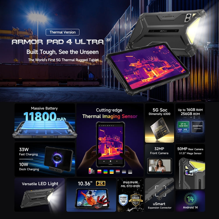 Ulefone Armor Pad 4 Ultra Thermal Version Rugged Tablet, 8GB+256GB, 10.36 inch Android 14 MediaTek Dimensity 6300 Octa Core 5G Network, EU Plug(Black) - free shipping - PMC Jewellery - Order now!