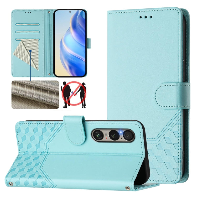 For Sony Xperia 1 VI 2024 Honeycomb Embossing RFID Leather Phone Case(Mint Green) - free shipping - PMC Jewellery - Order now!