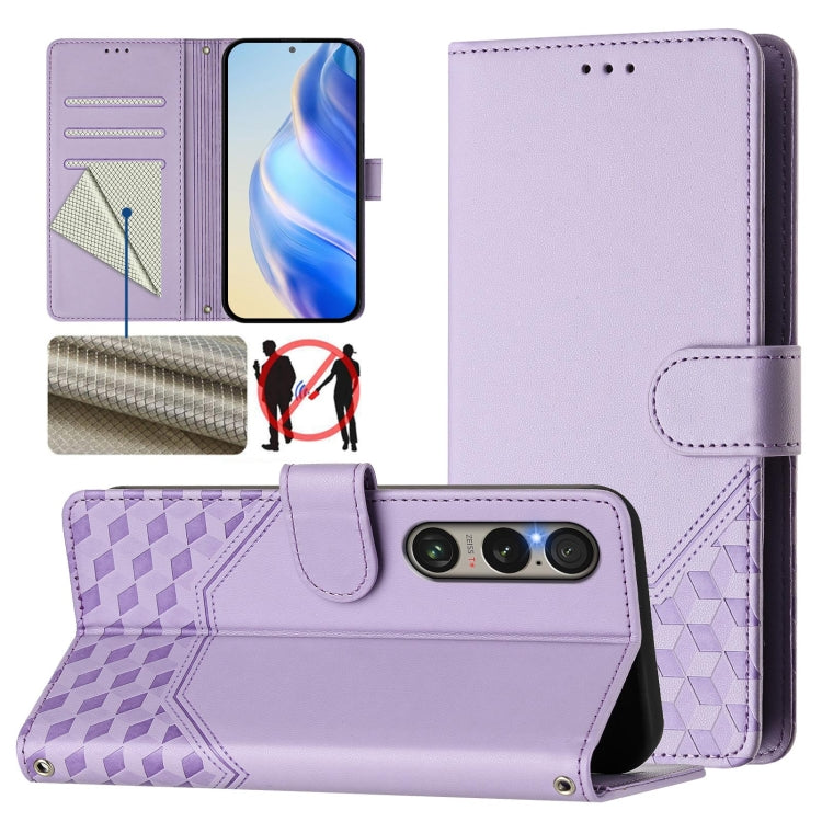 For Sony Xperia 1 VI 2024 Honeycomb Embossing RFID Leather Phone Case(Light Purple) - free shipping - PMC Jewellery - Order now!