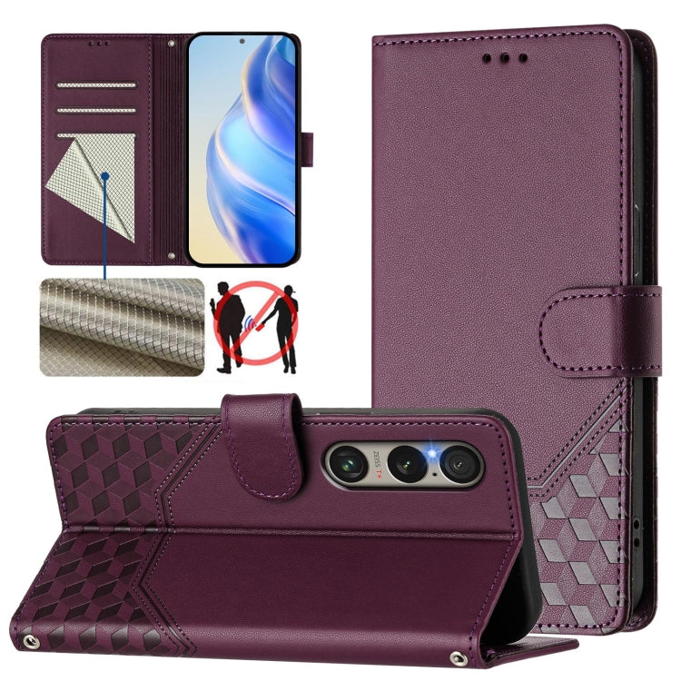 For Sony Xperia 1 VI 2024 Honeycomb Embossing RFID Leather Phone Case(Violet) - free shipping - PMC Jewellery - Order now!