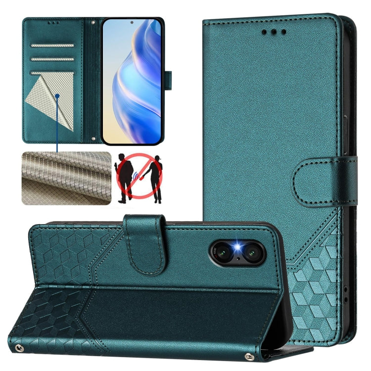 For Sony Xperia 5 VI 2024 Honeycomb Embossing RFID Leather Phone Case(Peacock Green) - Sony Cases by PMC Jewellery | Online Shopping South Africa | PMC Jewellery | Buy Now Pay Later Mobicred