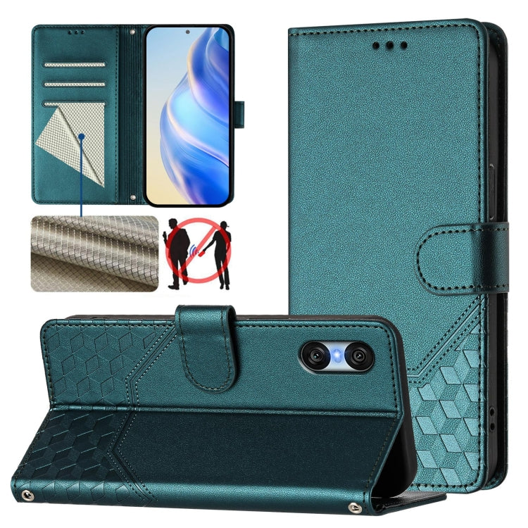 For Sony Xperia 10 VI 2024 Honeycomb Embossing RFID Leather Phone Case(Peacock Green) - Sony Cases by PMC Jewellery | Online Shopping South Africa | PMC Jewellery | Buy Now Pay Later Mobicred