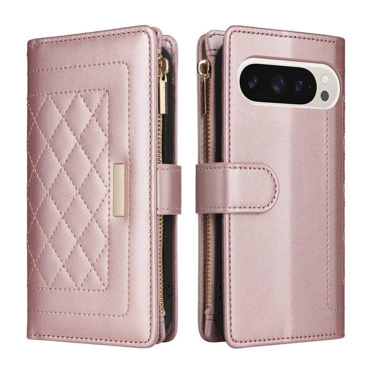 For Google Pixel 9 / 9 Pro Crossbody Zipper Wallet Rhombus Leather Phone Case(Rose Gold) - Google Cases by PMC TechLife | Online Shopping South Africa | PMC TechLife | Buy Now Pay Later Mobicred
