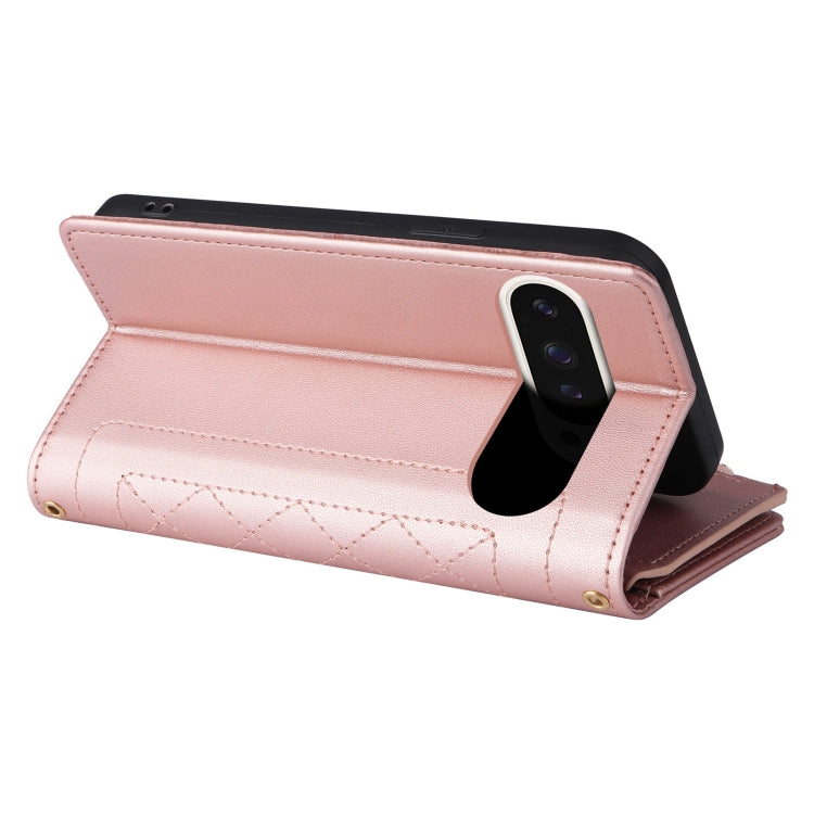 For Google Pixel 9 / 9 Pro Crossbody Zipper Wallet Rhombus Leather Phone Case(Rose Gold) - Google Cases by PMC TechLife | Online Shopping South Africa | PMC TechLife | Buy Now Pay Later Mobicred