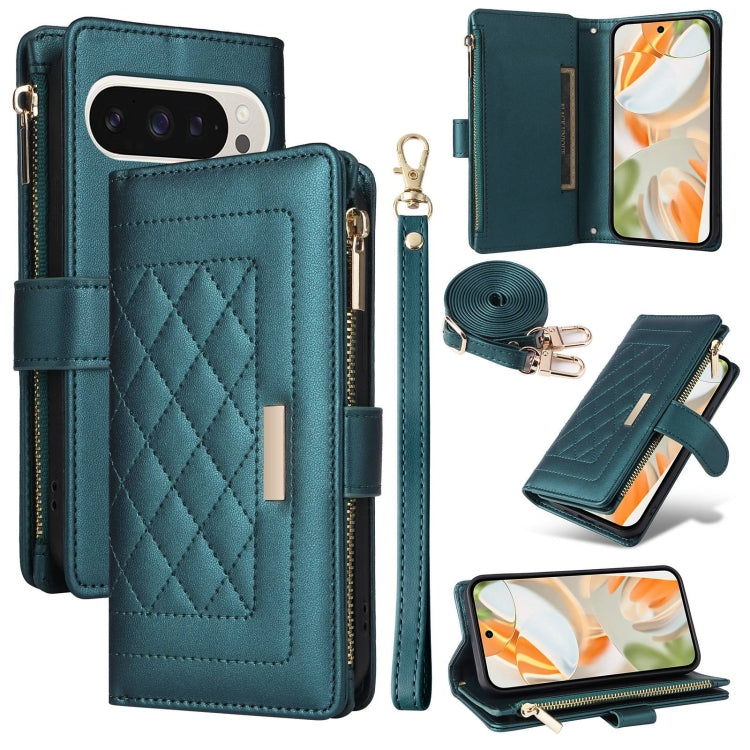 For Google Pixel 9 / 9 Pro Crossbody Zipper Wallet Rhombus Leather Phone Case(Green) - Google Cases by PMC TechLife | Online Shopping South Africa | PMC TechLife | Buy Now Pay Later Mobicred