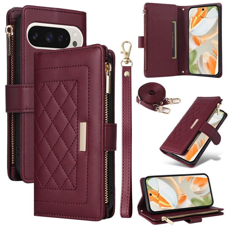 For Google Pixel 9 / 9 Pro Crossbody Zipper Wallet Rhombus Leather Phone Case(Wine Red) - Google Cases by PMC TechLife | Online Shopping South Africa | PMC TechLife | Buy Now Pay Later Mobicred