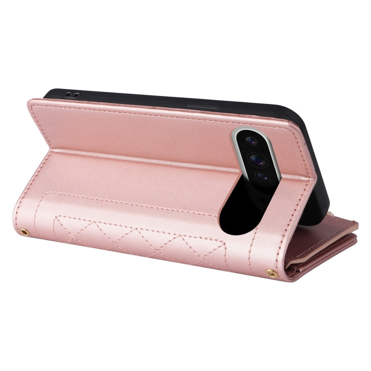 For Google Pixel 9 Pro XL Crossbody Zipper Wallet Rhombus Leather Phone Case(Rose Gold) - Google Cases by PMC TechLife | Online Shopping South Africa | PMC TechLife | Buy Now Pay Later Mobicred