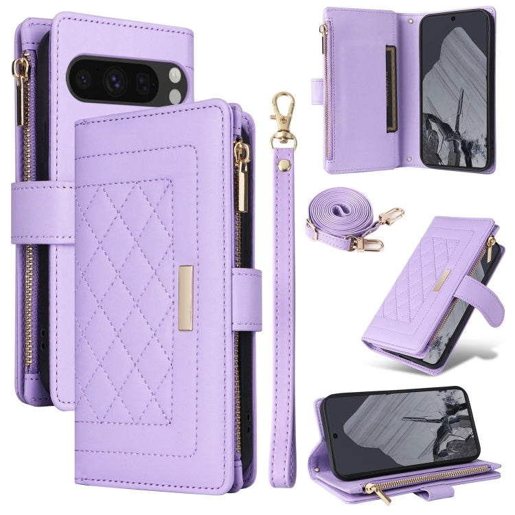 For Google Pixel 8 Pro Crossbody Zipper Wallet Rhombus Leather Phone Case(Purple) - Google Cases by PMC TechLife | Online Shopping South Africa | PMC TechLife | Buy Now Pay Later Mobicred