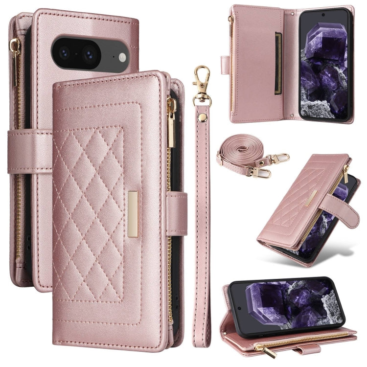 For Google Pixel 8 Crossbody Zipper Wallet Rhombus Leather Phone Case(Rose Gold) - Google Cases by PMC TechLife | Online Shopping South Africa | PMC TechLife | Buy Now Pay Later Mobicred
