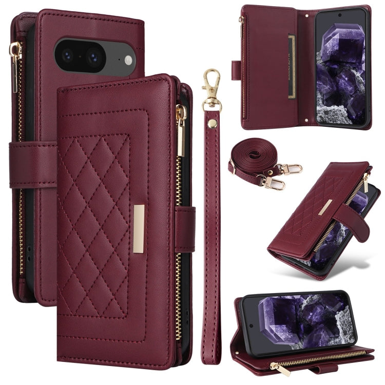 For Google Pixel 8 Crossbody Zipper Wallet Rhombus Leather Phone Case(Wine Red) - Google Cases by PMC TechLife | Online Shopping South Africa | PMC TechLife | Buy Now Pay Later Mobicred