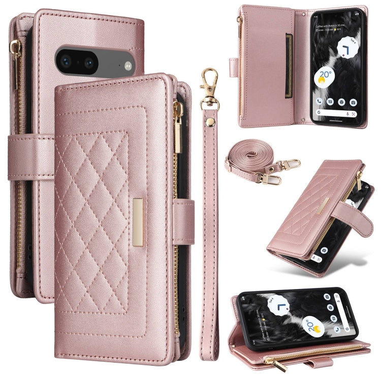 For Google Pixel 7 Crossbody Zipper Wallet Rhombus Leather Phone Case(Rose Gold) - Google Cases by PMC TechLife | Online Shopping South Africa | PMC TechLife | Buy Now Pay Later Mobicred