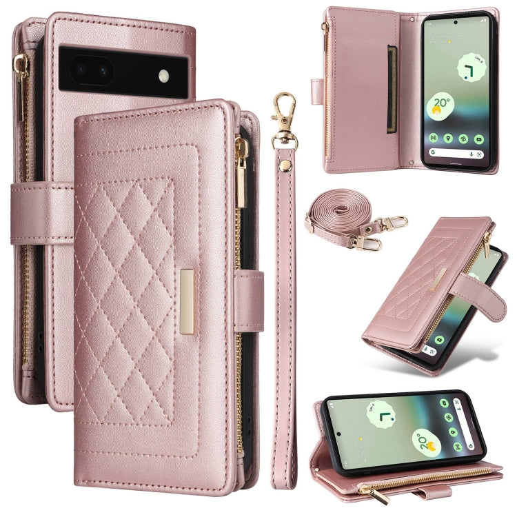 For Google Pixel 7a Crossbody Zipper Wallet Rhombus Leather Phone Case(Rose Gold) - Google Cases by PMC TechLife | Online Shopping South Africa | PMC TechLife | Buy Now Pay Later Mobicred