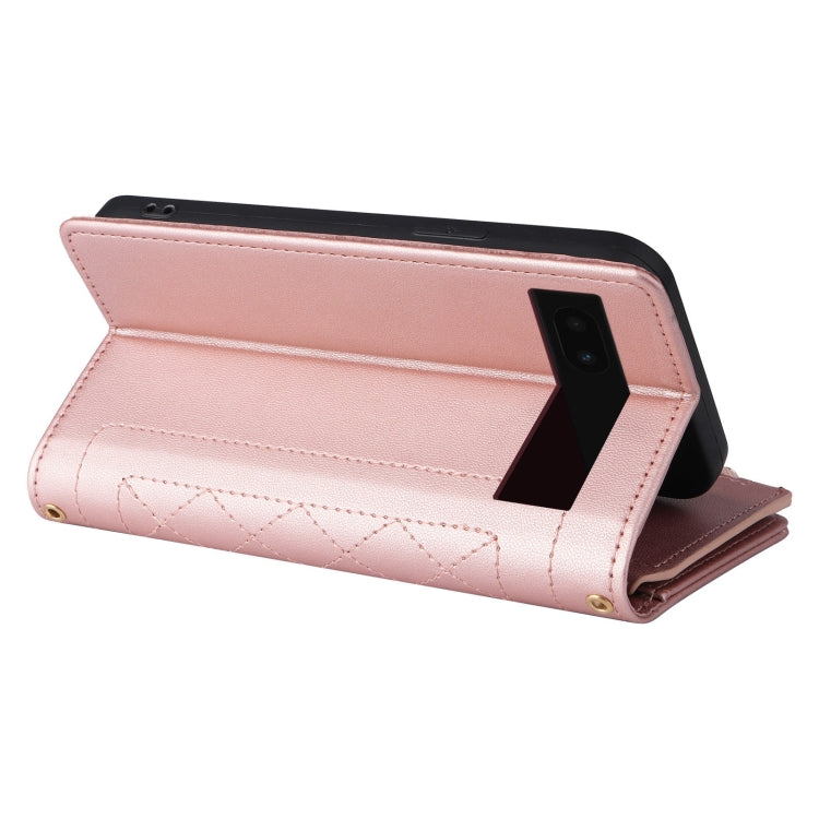 For Google Pixel 7a Crossbody Zipper Wallet Rhombus Leather Phone Case(Rose Gold) - Google Cases by PMC TechLife | Online Shopping South Africa | PMC TechLife | Buy Now Pay Later Mobicred