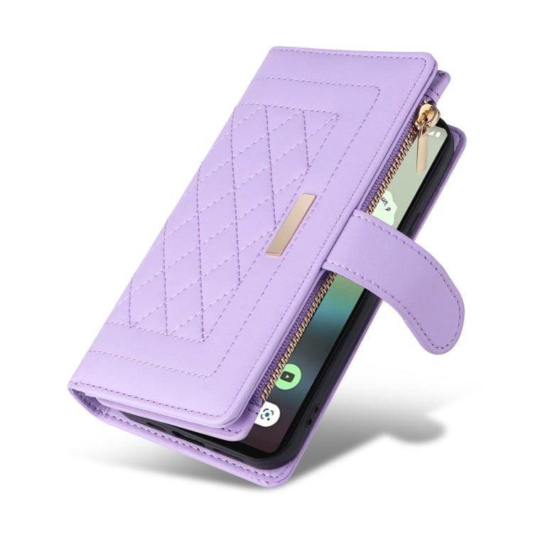 For Google Pixel 7a Crossbody Zipper Wallet Rhombus Leather Phone Case(Purple) - Google Cases by PMC TechLife | Online Shopping South Africa | PMC TechLife | Buy Now Pay Later Mobicred