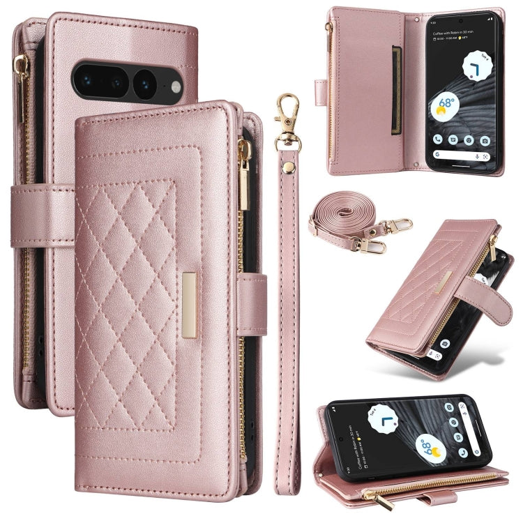 For Google Pixel 7 Pro Crossbody Zipper Wallet Rhombus Leather Phone Case(Rose Gold) - Google Cases by PMC TechLife | Online Shopping South Africa | PMC TechLife | Buy Now Pay Later Mobicred