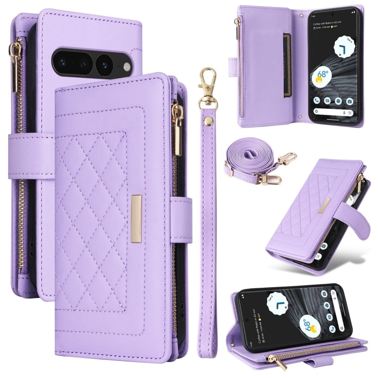 For Google Pixel 7 Pro Crossbody Zipper Wallet Rhombus Leather Phone Case(Purple) - Google Cases by PMC TechLife | Online Shopping South Africa | PMC TechLife | Buy Now Pay Later Mobicred