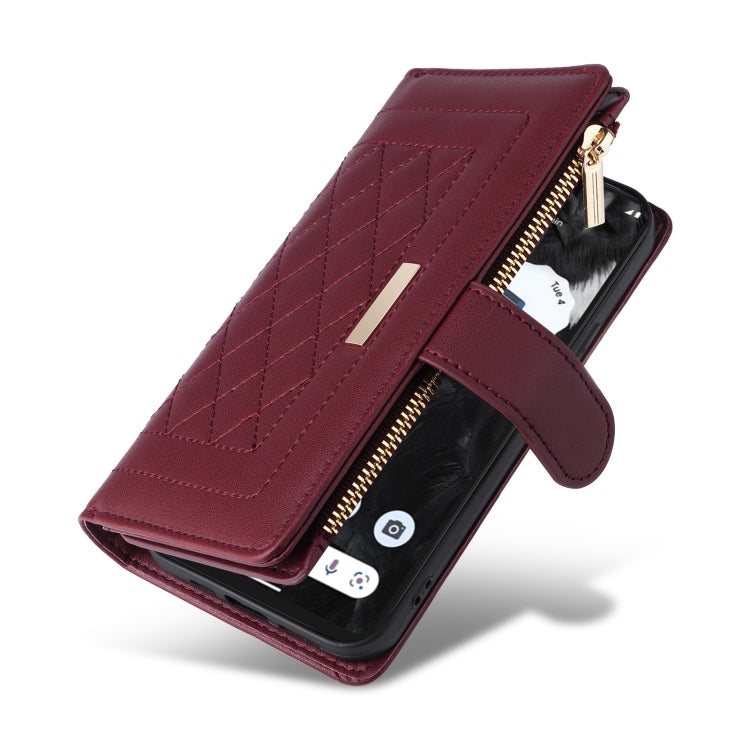 For Google Pixel 7 Pro Crossbody Zipper Wallet Rhombus Leather Phone Case(Wine Red) - Google Cases by PMC TechLife | Online Shopping South Africa | PMC TechLife | Buy Now Pay Later Mobicred