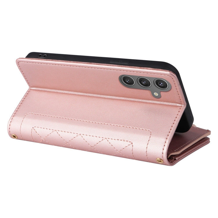 For Samsung Galaxy S24 5G Crossbody Zipper Wallet Rhombus Leather Phone Case(Rose Gold) - Galaxy S24 5G Cases by PMC Jewellery | Online Shopping South Africa | PMC Jewellery | Buy Now Pay Later Mobicred