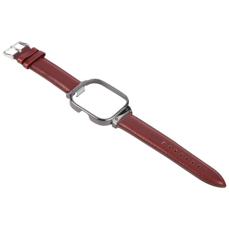 For Redmi Watch 4 Metal Black Frame Genuine Leather Watch Band(Wine Red) - Watch Bands by PMc TechLife | Online Shopping South Africa | PMc TechLife | Buy Now Pay Later Mobicred