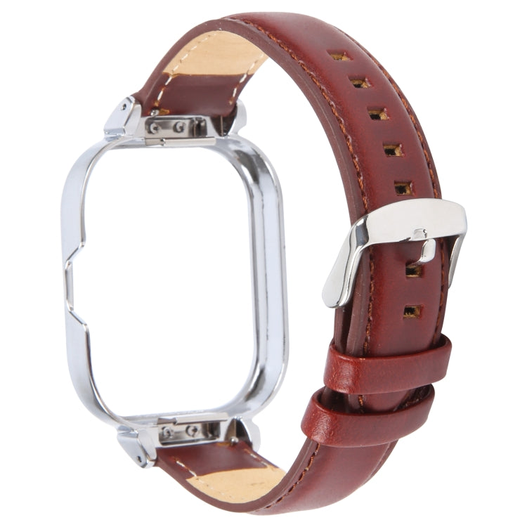 For Redmi Watch 4 Metal Silver Frame Genuine Leather Watch Band(Wine Red) - Watch Bands by PMc TechLife | Online Shopping South Africa | PMc TechLife | Buy Now Pay Later Mobicred