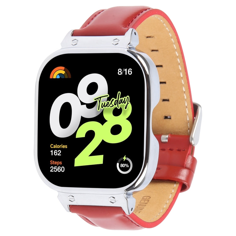 For Redmi Watch 4 Metal Silver Frame Genuine Leather Watch Band(Red) - free shipping - PMc TechLife - Order now!