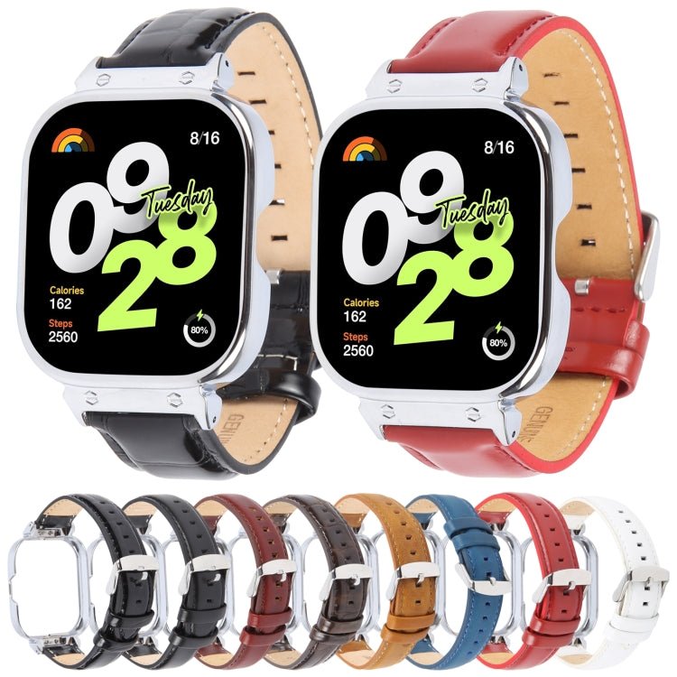 For Redmi Watch 4 Metal Silver Frame Genuine Leather Watch Band(Wine Red) - Watch Bands by PMc TechLife | Online Shopping South Africa | PMc TechLife | Buy Now Pay Later Mobicred