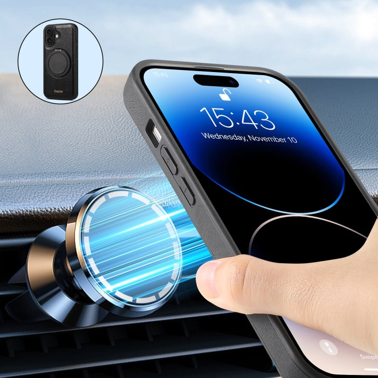 For iPhone 16 Plus Denior A17 Genuine Leather Gear Magnetic Holder Phone Case(Black) - free shipping - PMC Jewellery - Order now!