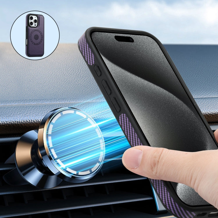 For iPhone 16 Pro Denior Carbon Fiber Texture Leather Card Bag MagSafe Phone Case(Purple) - free shipping - PMC Jewellery - Order now!