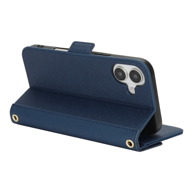 For iPhone 16 Plus Cross Texture Crossbody Lanyard Leather Phone Case(Blue) - free shipping - PMC Jewellery - Order now!