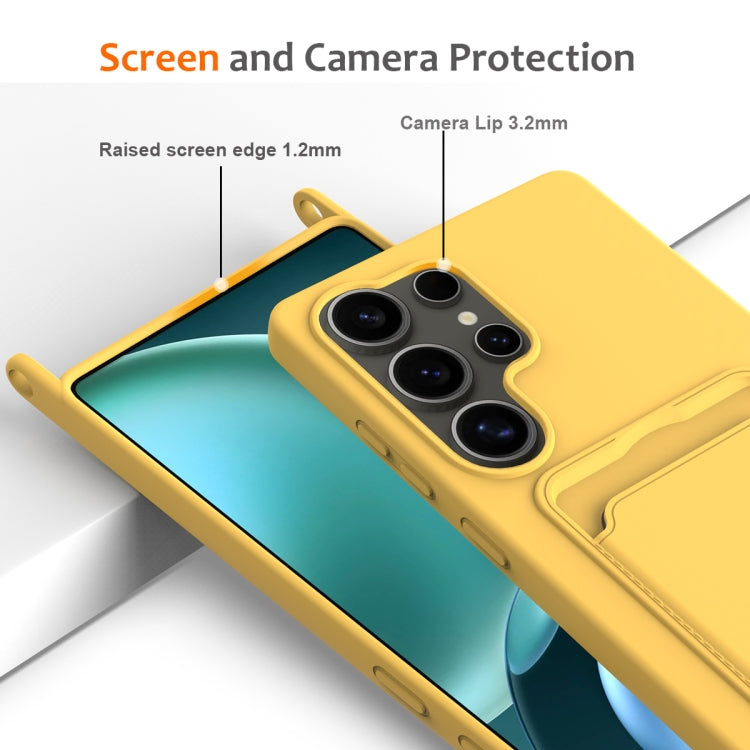 For Samsung Galaxy S25 Ultra 5G Integrated Card Bag Solid Color Liquid Silicone Phone Case with Lanyard(Yellow) - free shipping - PMC Jewellery - Order now!