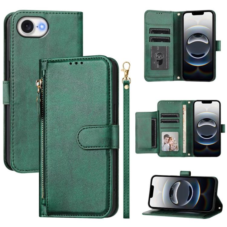 For iPhone 16e Multi-Card Slots Zipper Wallet Leather Phone Case(Green) - iPhone 16e Cases by PMC TechLife | Online Shopping South Africa | PMC TechLife | Buy Now Pay Later Mobicred