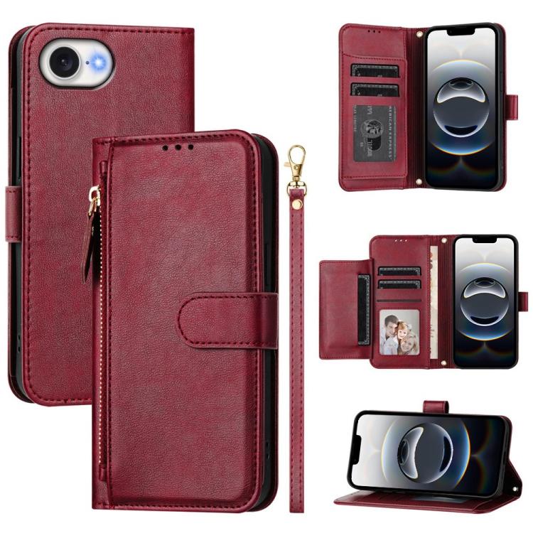 For iPhone 16e Multi-Card Slots Zipper Wallet Leather Phone Case(Dark Red) - iPhone 16e Cases by PMC TechLife | Online Shopping South Africa | PMC TechLife | Buy Now Pay Later Mobicred