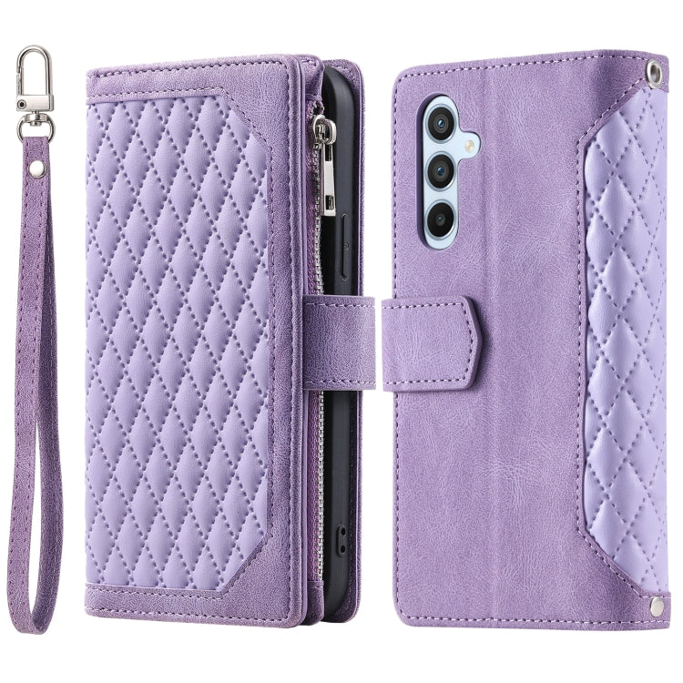 For Samsung Galaxy S25 5G Grid Texture Zipper Leather Phone Case with Lanyard(Purple) - Galaxy S25 5G Cases by PMC Jewellery | Online Shopping South Africa | PMC Jewellery | Buy Now Pay Later Mobicred