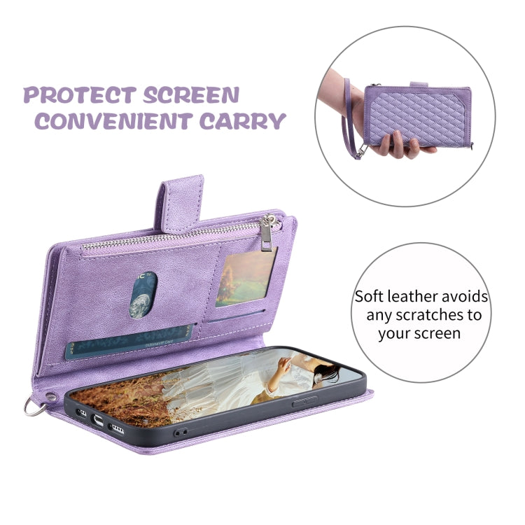 For Samsung Galaxy S25 5G Grid Texture Zipper Leather Phone Case with Lanyard(Purple) - Galaxy S25 5G Cases by PMC Jewellery | Online Shopping South Africa | PMC Jewellery | Buy Now Pay Later Mobicred