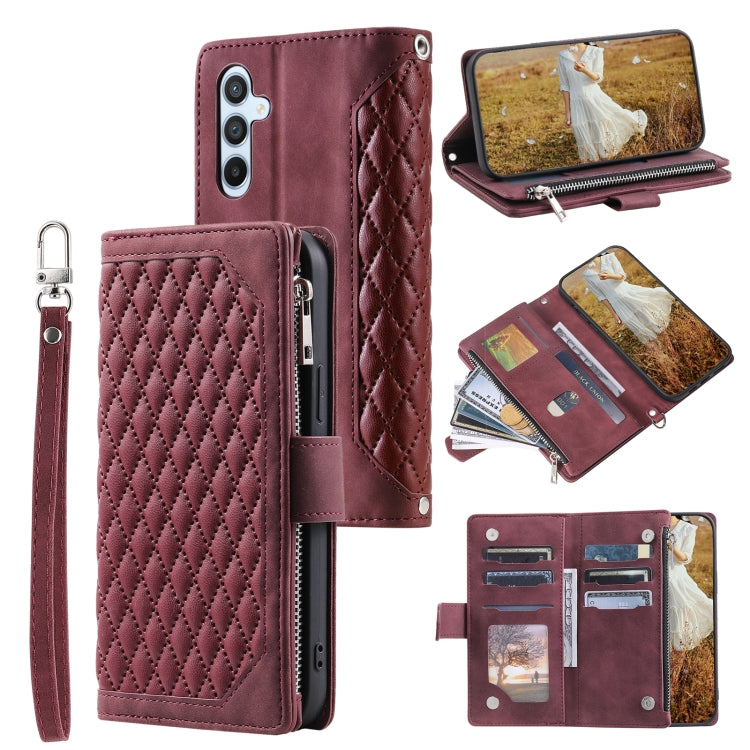 For Samsung Galaxy S25 5G Grid Texture Zipper Leather Phone Case with Lanyard(Wine Red) - Galaxy S25 5G Cases by PMC Jewellery | Online Shopping South Africa | PMC Jewellery | Buy Now Pay Later Mobicred