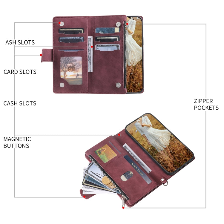 For Samsung Galaxy S25 5G Grid Texture Zipper Leather Phone Case with Lanyard(Wine Red) - Galaxy S25 5G Cases by PMC Jewellery | Online Shopping South Africa | PMC Jewellery | Buy Now Pay Later Mobicred