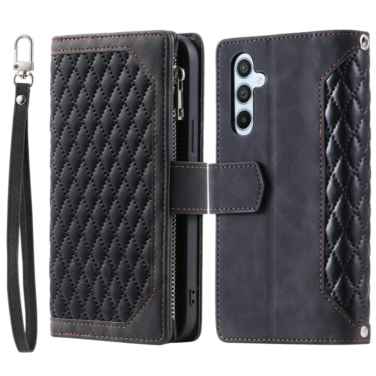 For Samsung Galaxy S25 5G Grid Texture Zipper Leather Phone Case with Lanyard(Black) - Galaxy S25 5G Cases by PMC Jewellery | Online Shopping South Africa | PMC Jewellery | Buy Now Pay Later Mobicred