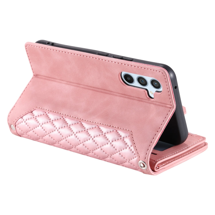 For Samsung Galaxy S25 5G Grid Texture Zipper Leather Phone Case with Lanyard(Rose Gold) - Galaxy S25 5G Cases by PMC Jewellery | Online Shopping South Africa | PMC Jewellery | Buy Now Pay Later Mobicred