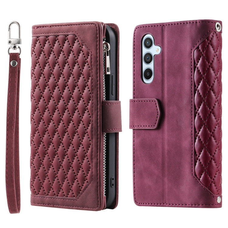 For Samsung Galaxy S25+ 5G Grid Texture Zipper Leather Phone Case with Lanyard(Wine Red) - Galaxy S25+ 5G Cases by PMC Jewellery | Online Shopping South Africa | PMC Jewellery | Buy Now Pay Later Mobicred