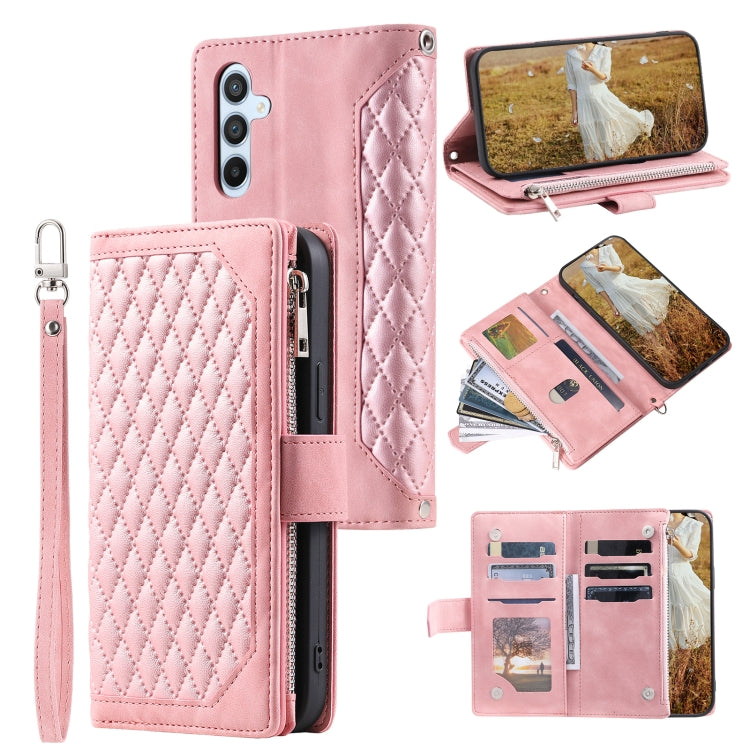 For Samsung Galaxy S25+ 5G Grid Texture Zipper Leather Phone Case with Lanyard(Rose Gold) - Galaxy S25+ 5G Cases by PMC Jewellery | Online Shopping South Africa | PMC Jewellery | Buy Now Pay Later Mobicred