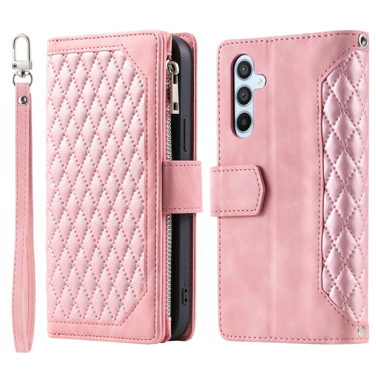 For Samsung Galaxy S25+ 5G Grid Texture Zipper Leather Phone Case with Lanyard(Rose Gold) - Galaxy S25+ 5G Cases by PMC Jewellery | Online Shopping South Africa | PMC Jewellery | Buy Now Pay Later Mobicred