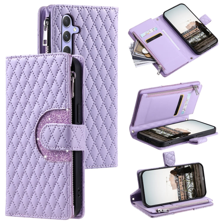 For Samsung Galaxy S25 5G Glitter Lattice Zipper Wallet Leather Phone Case(Purple) - Galaxy S25 5G Cases by PMC TechLife | Online Shopping South Africa | PMC TechLife | Buy Now Pay Later Mobicred